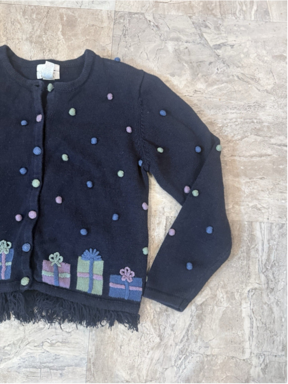 VTG Christopher & Banks Hand Knit Birthday Present Navy Sweater Fringe Small